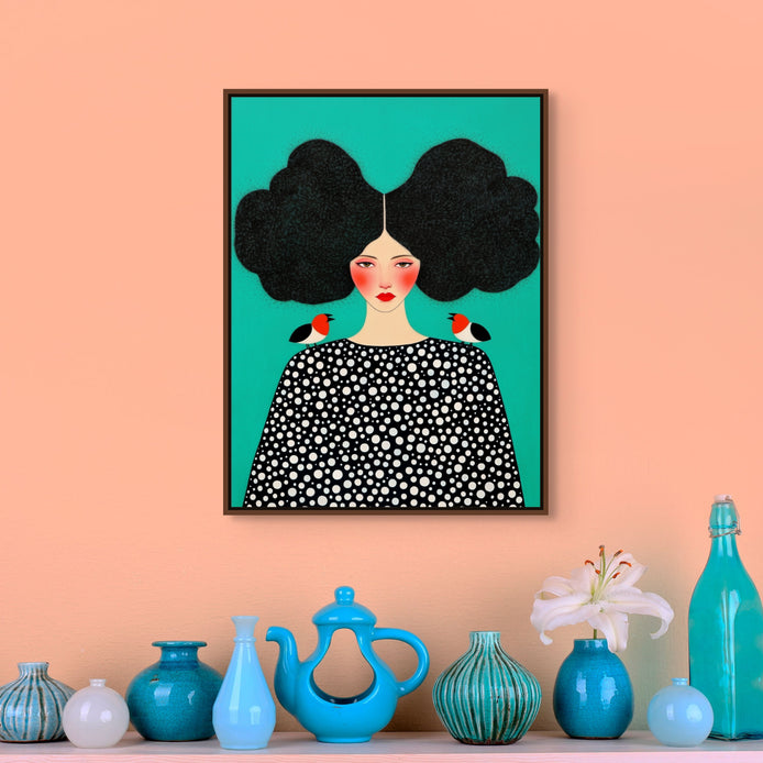 D0161-portrait-of-a-bird-lady-hand-painted-wall-art-hallway-room-image-room-f-walnut
