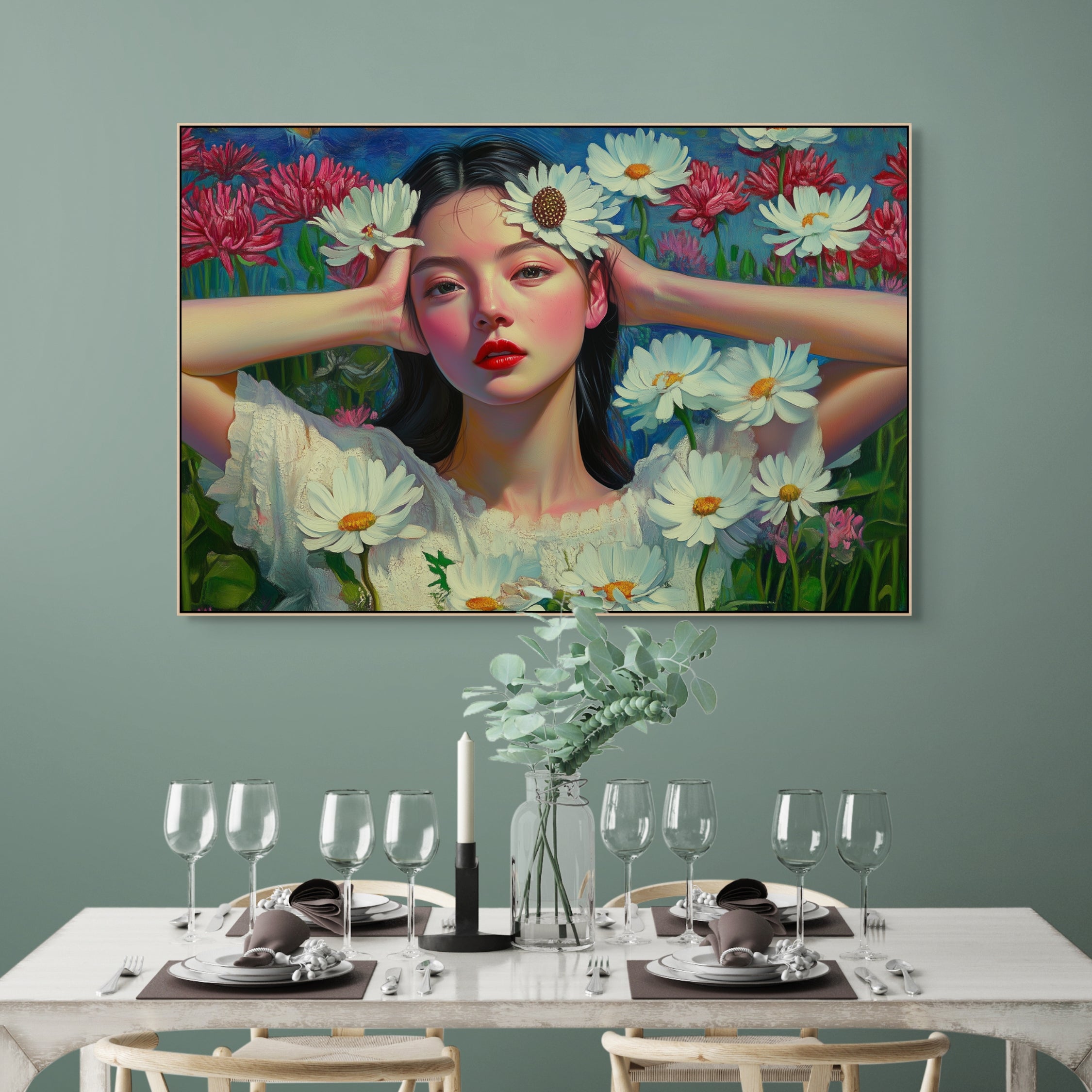 D0191-daisy-hand-painted-wall-art-dining-room-image-room-f-natural