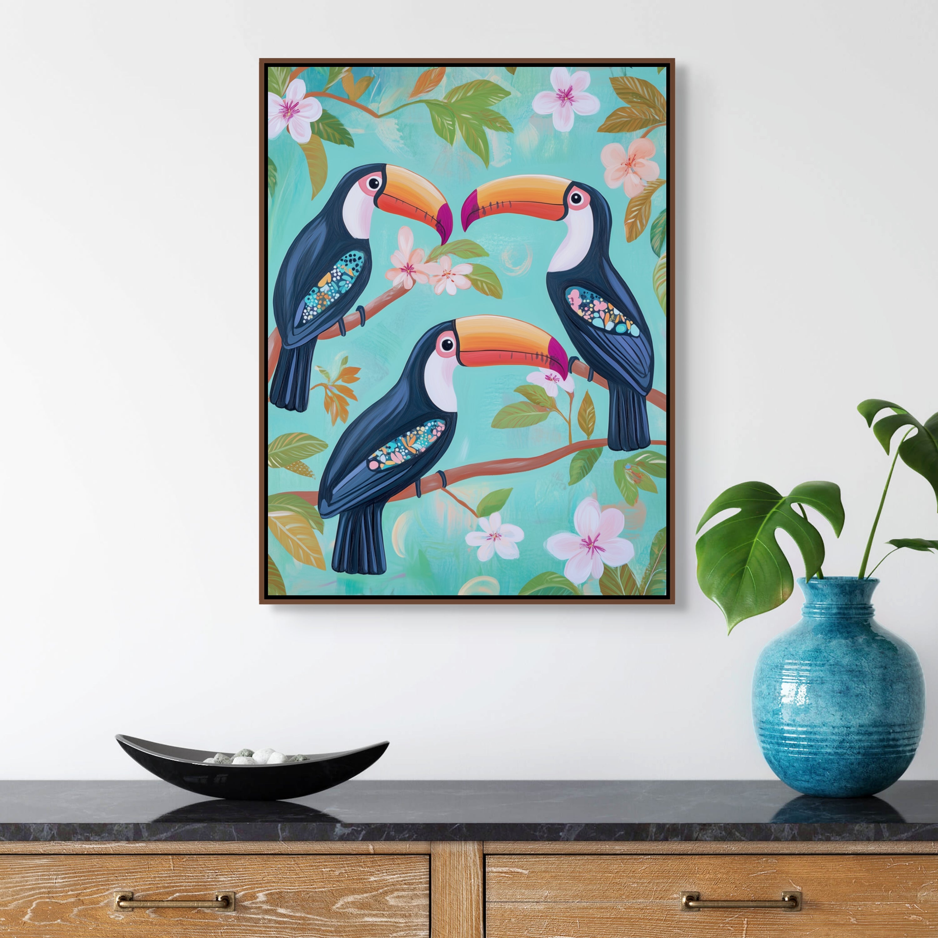 D0203-toucan-trio-hand-painted-wall-art-hallway-room-image-room-f-walnut