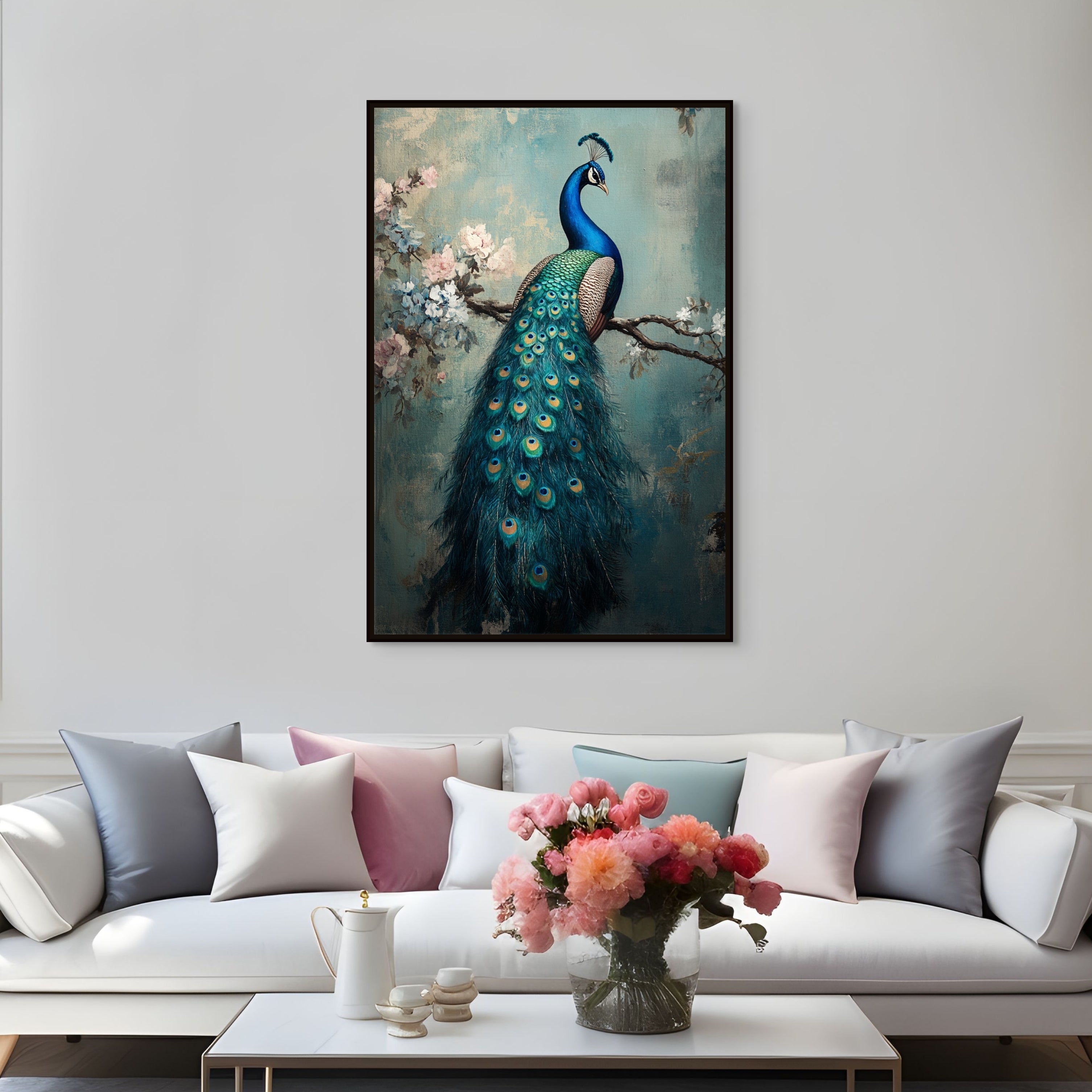 D0280-a-bird-among-feathers-hand-painted-wall-art-living-room-image