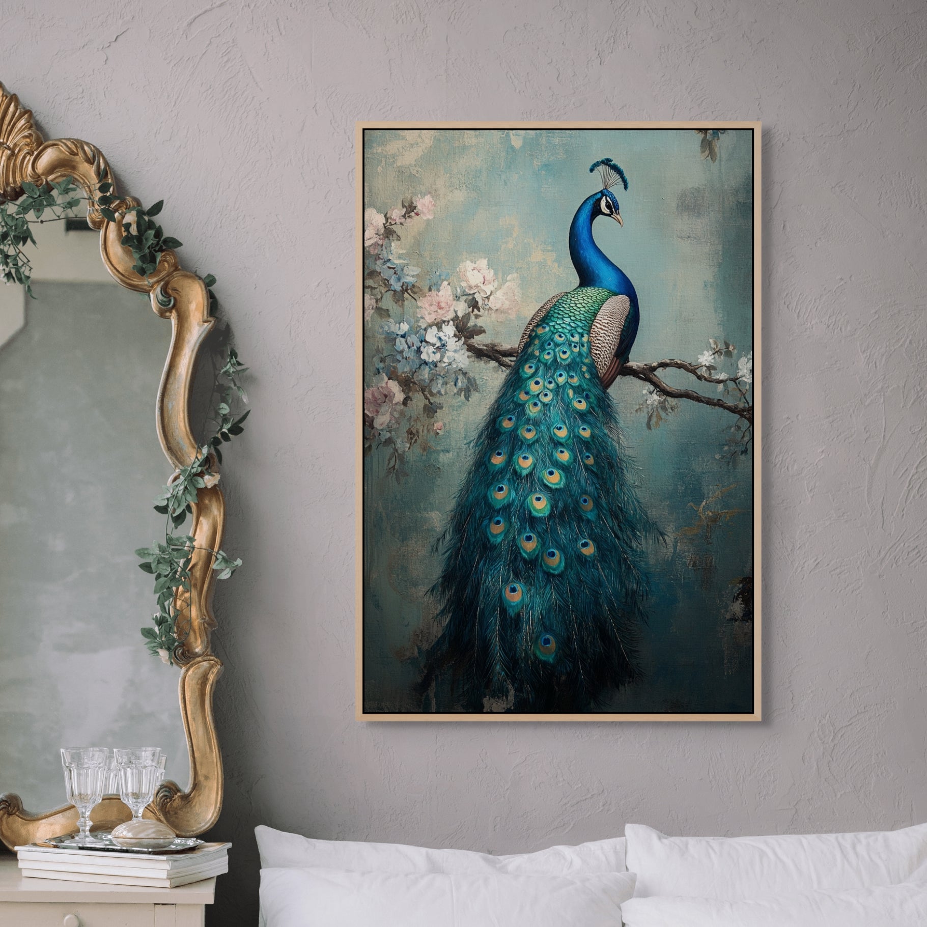 D0280-a-bird-among-feathers-hand-painted-wall-art-hallway-room-image