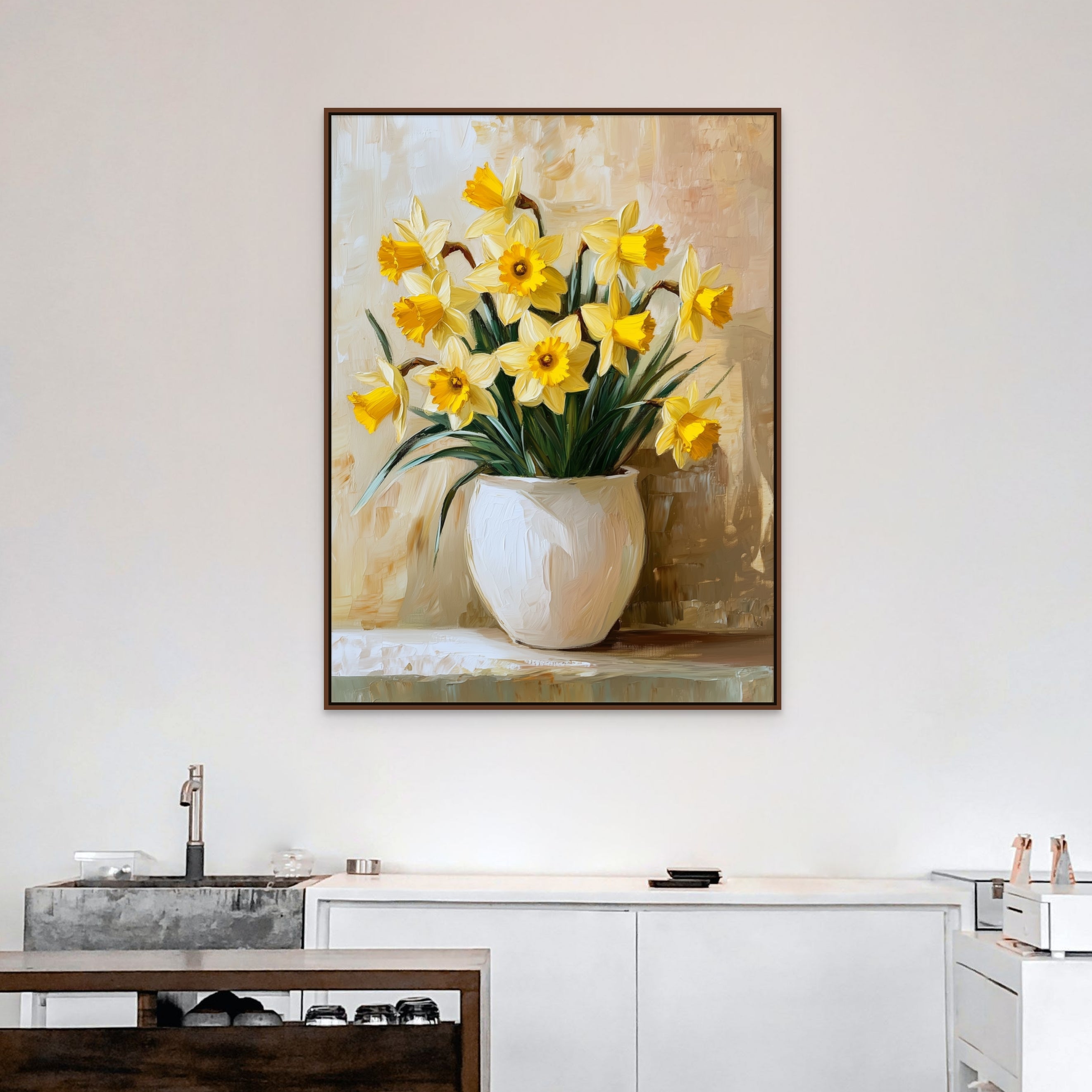 D0402-golden-morning-daffodils-hand-painted-wall-art-kitchen-room-image-room-f-walnut